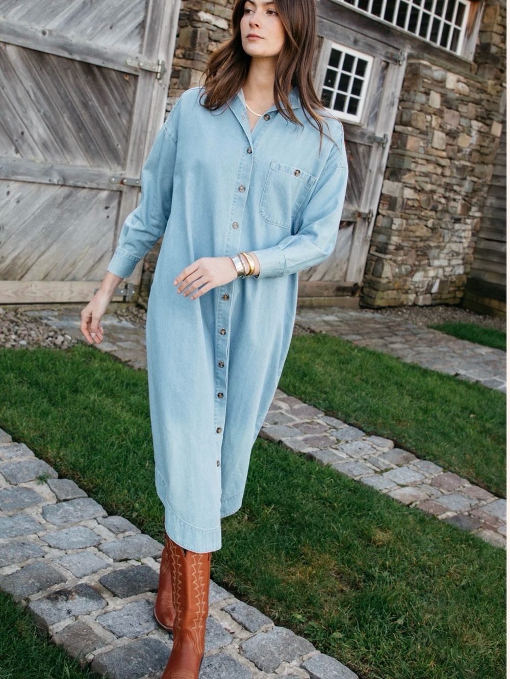 Lady Captain Light Blue Denim Button-Front Midi Shirt Dress